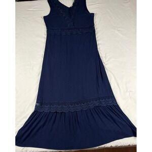 Davina Navy Boho Maxi Dress L Crochet Lace Trim V-Neck Cottagecore Flowy